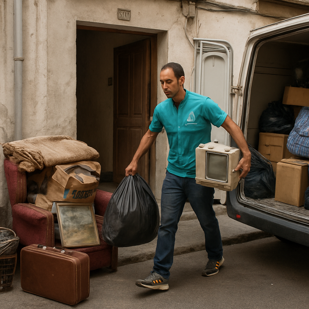 Vaciado de vivienda en marcha sacando enseres hacia la furgoneta