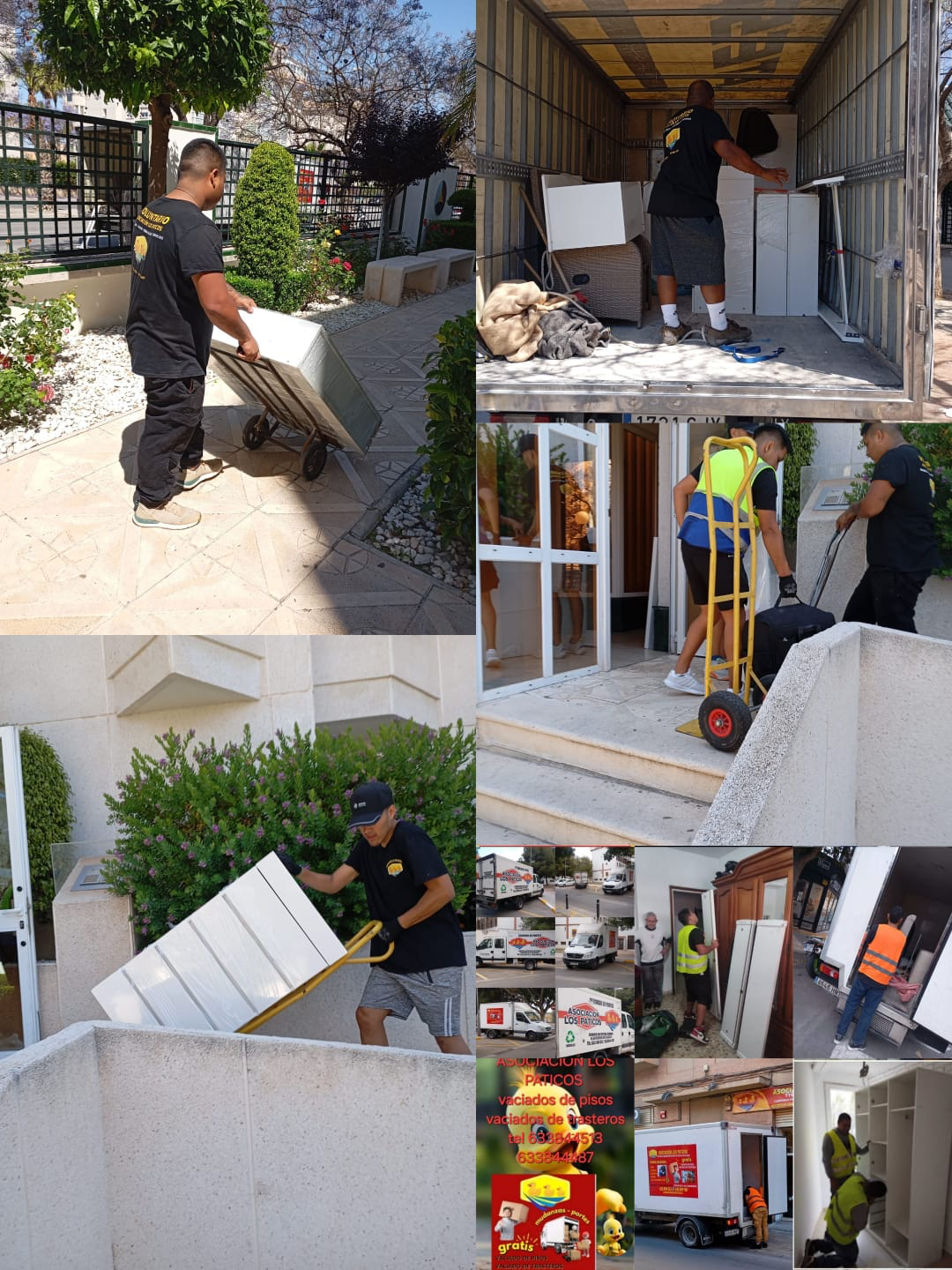 Equipo de Los Paticos cargando muebles, usando carretillas y trabajando en mudanzas reales